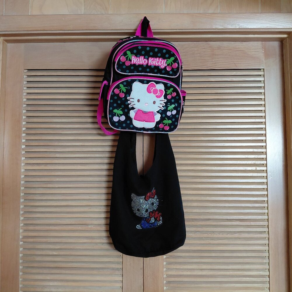 Lot Of 2 Hello Kitty Bags Cherry Polka Dot Backpack Diamond Rhinestone Tote